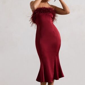 Club L London Strapless Feather-Trim Burgundy Dress